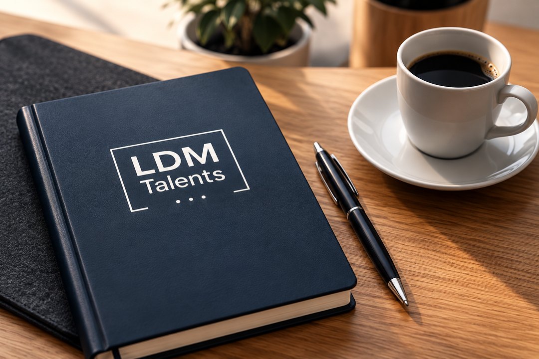 Carnet LDM Talents, stylo et tasse de café sur un bureau en bois